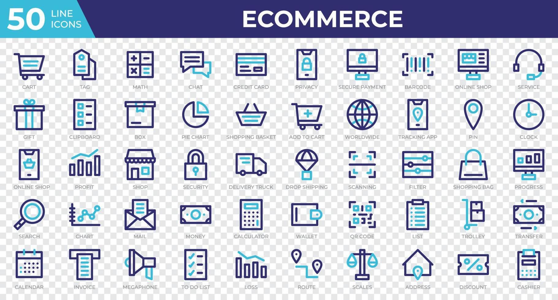 Set of 50 Ecommerce web icons in colored line style. Credit card, profit, invoice. Colored outline icons collection. Vector illustration