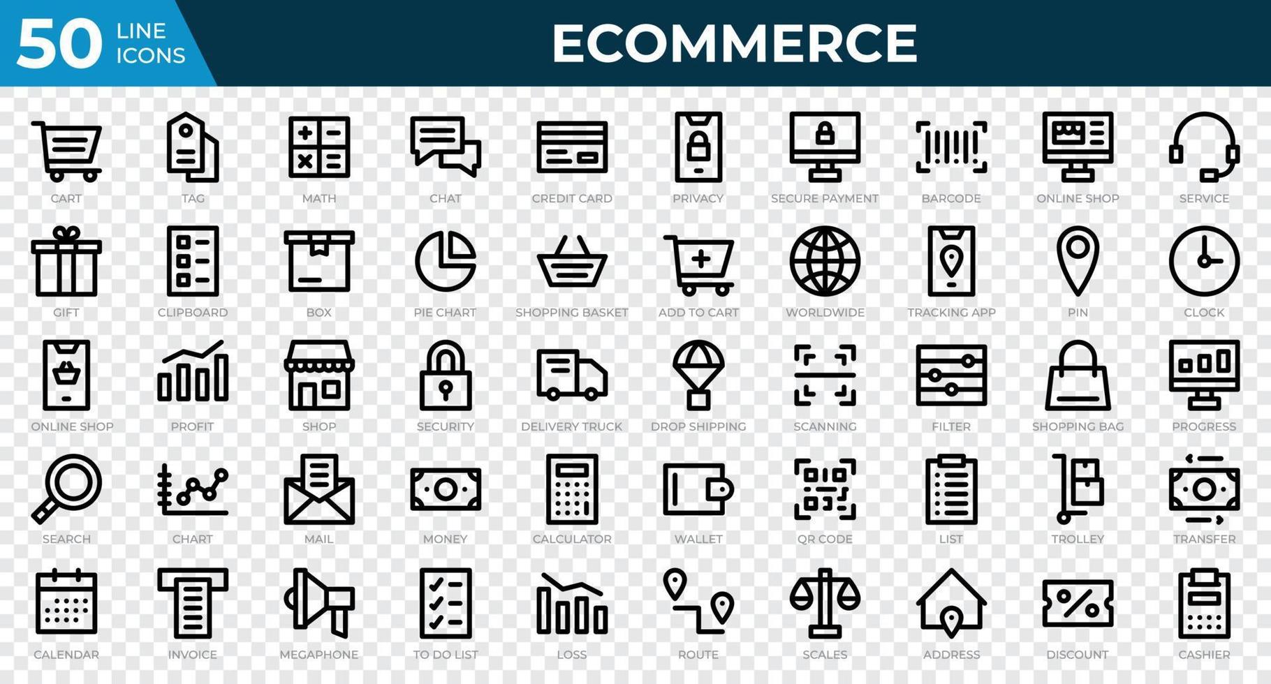 conjunto de 50 iconos web de comercio electrónico en estilo de línea. tarjeta de crédito, beneficio, factura. colección de iconos de contorno. ilustración vectorial vector