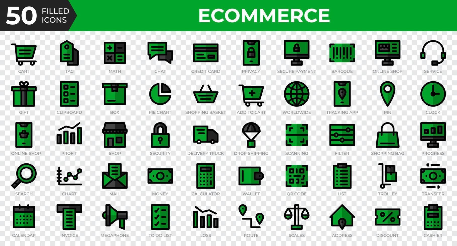 conjunto de 50 iconos web de comercio electrónico en estilo de esquema relleno. tarjeta de crédito, beneficio, factura. colección de iconos de contorno lleno. ilustración vectorial vector