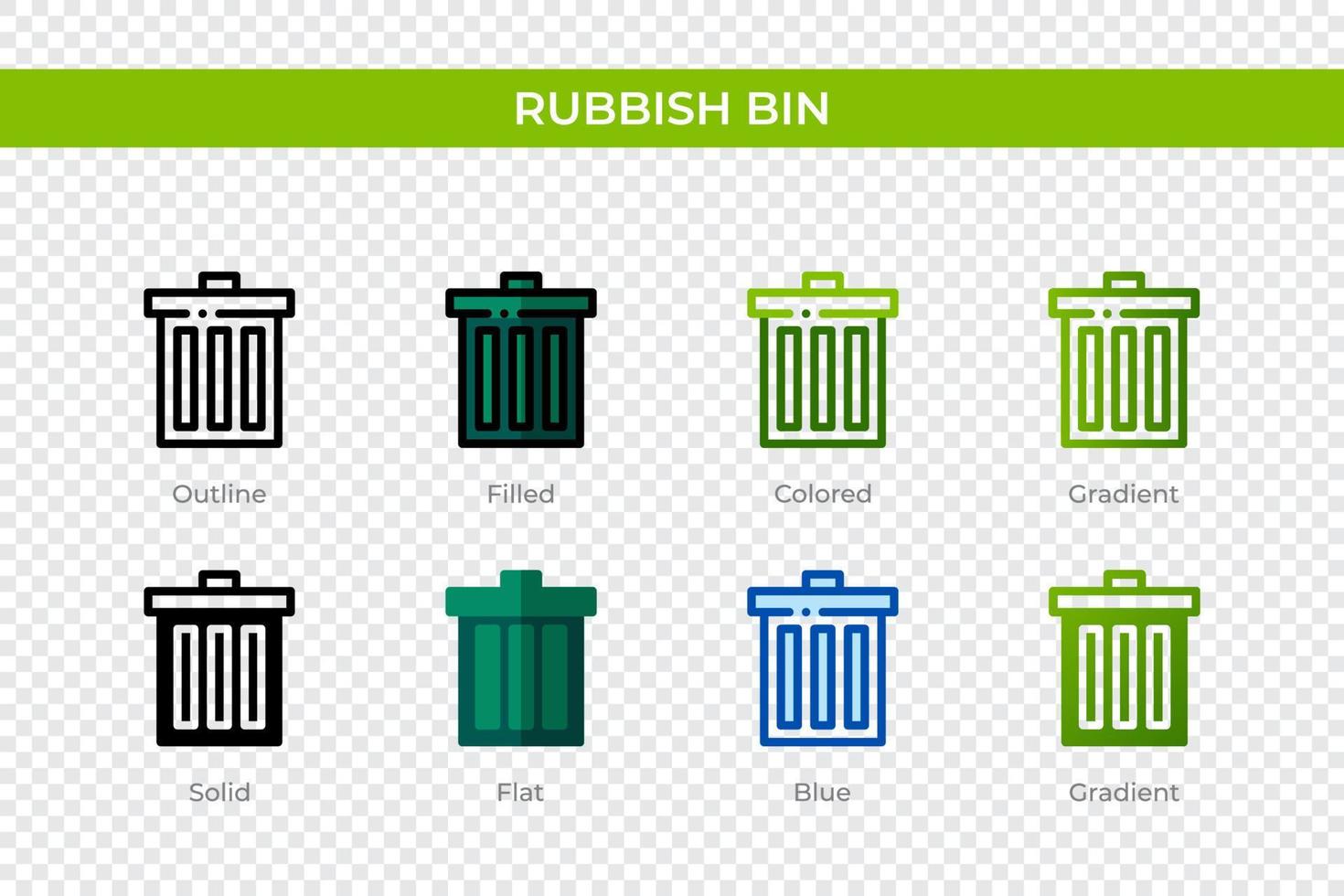 Rubbish bin icon in different style. Rubbish bin vector icons designed in outline, solid, colored, filled, gradient, and flat style. Symbol, logo illustration. Vector illustration