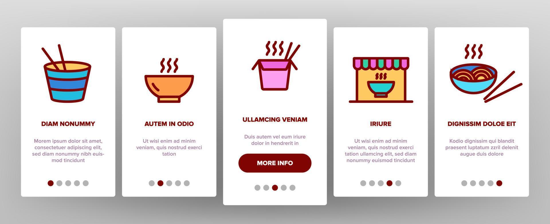 Ramen Spaghetti Food Onboarding Icons Set Vector