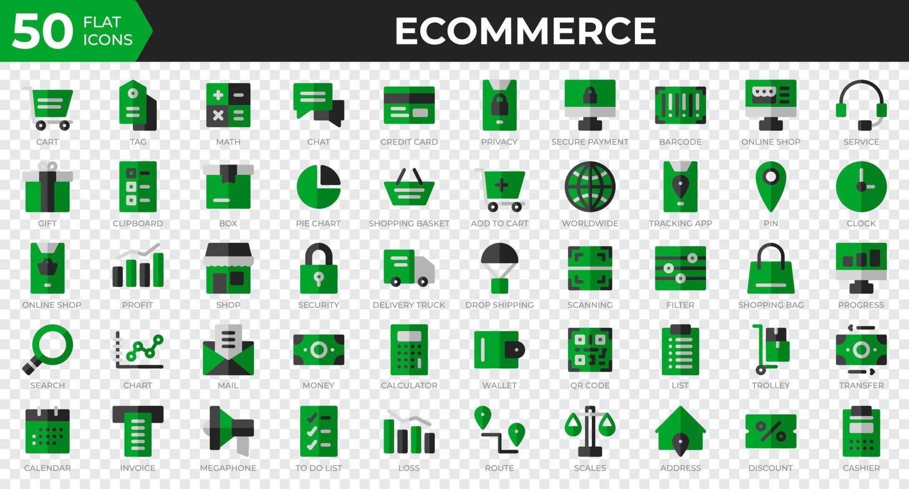 conjunto de 50 iconos web de comercio electrónico en estilo plano. tarjeta de crédito, beneficio, factura. colección de iconos planos. ilustración vectorial vector