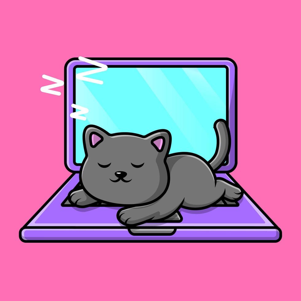 lindo gato durmiendo en la ilustración del icono del vector de dibujos animados de la computadora portátil. concepto de dibujos animados plana de tecnología animal