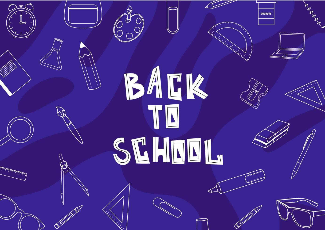 Back to school poster for kids with line art supplies on the background. Doodle style. vector