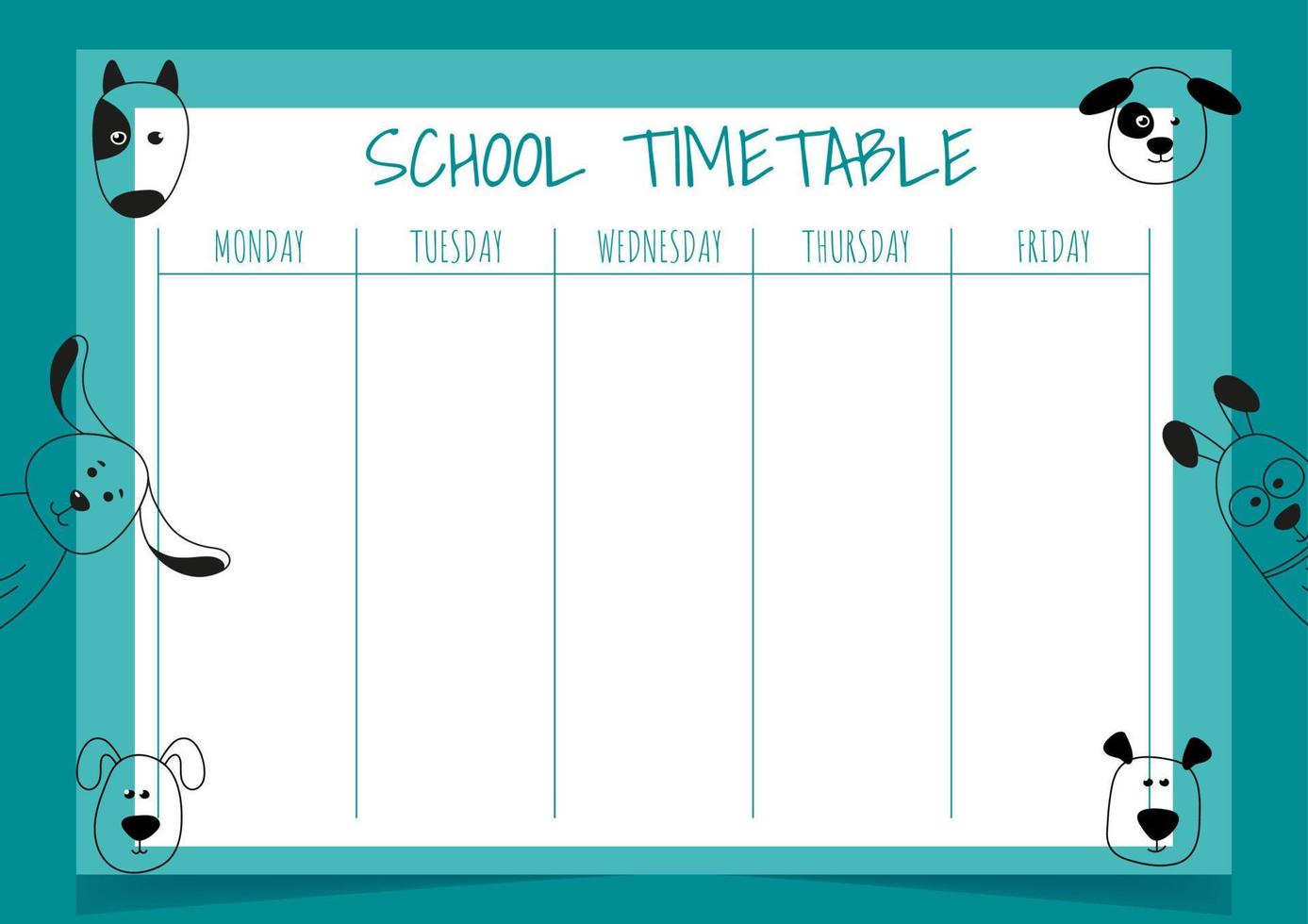School schedule. Timetable for kids with dogs. Weekly time table with day of the week. Educational classes diary. A4 paper size. vector
