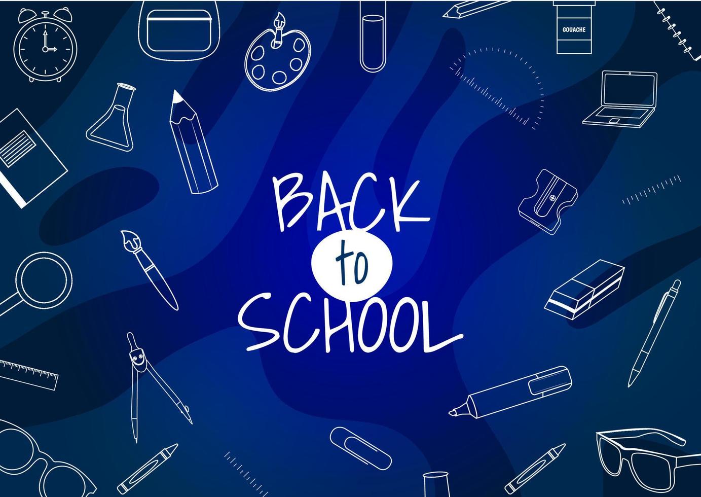 Back to school poster for kids with line art supplies on the background. Doodle style. vector