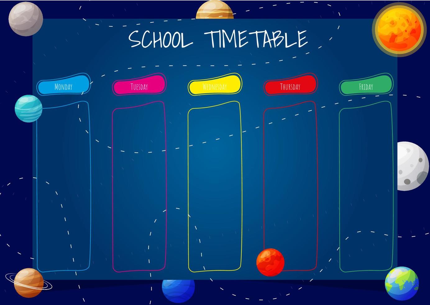 School timetable for kids with cartoon planets of the solar system on background. A4 size template.  Vector illustration