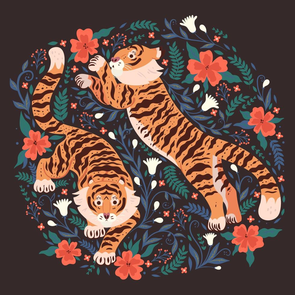 Postcard with tigers and flowers on a dark background. Vector graphics.