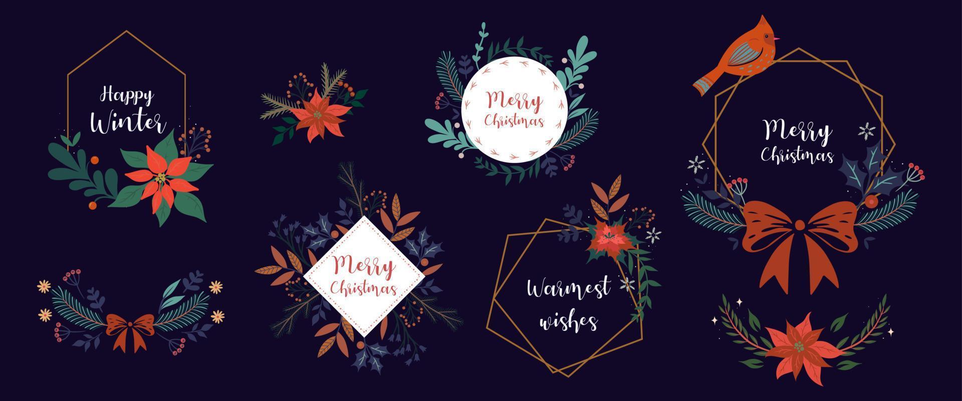 Set of Christmas frames with winter flora. Vector graphics.