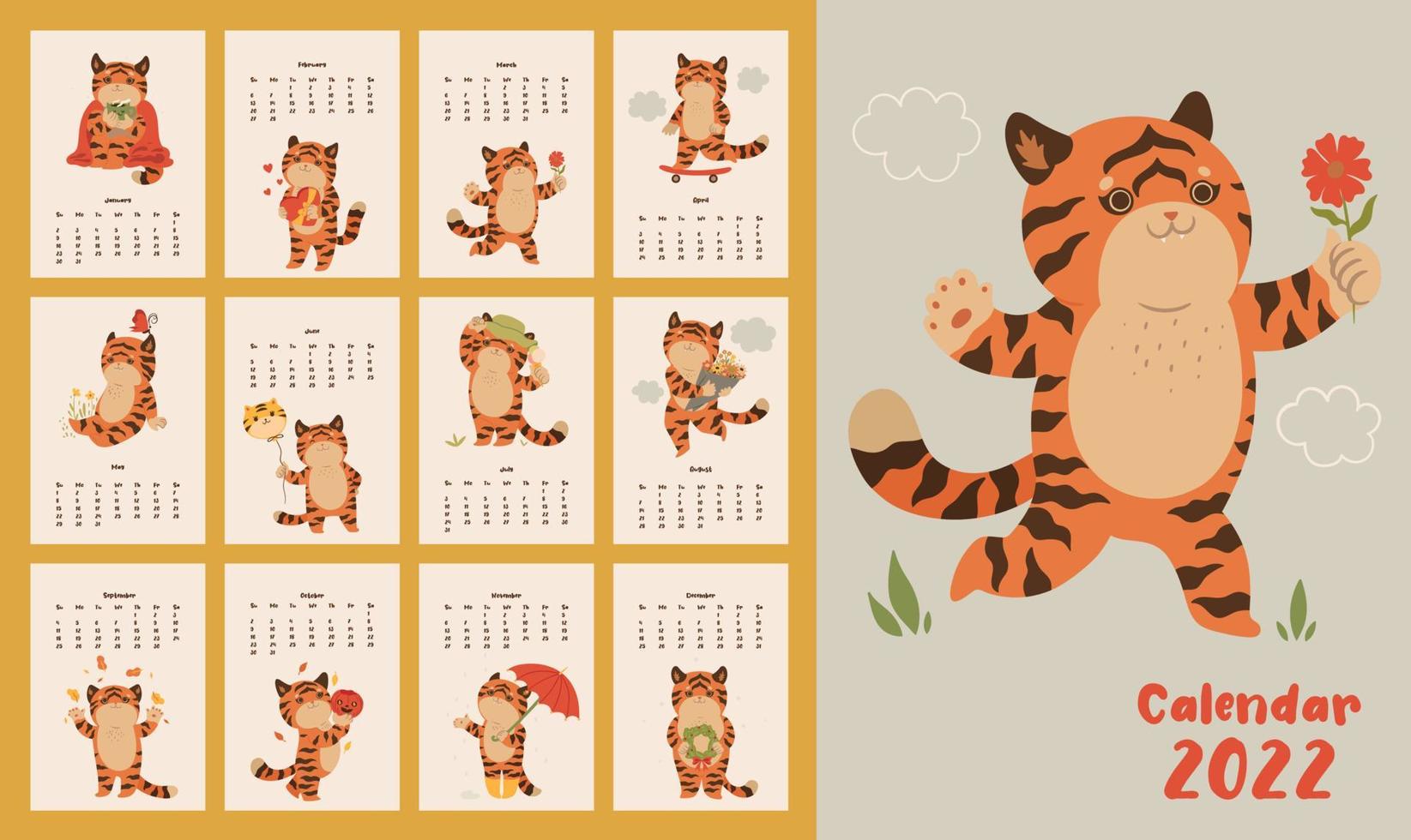 Calendar 2022 with cute tigers. Vector graphics.