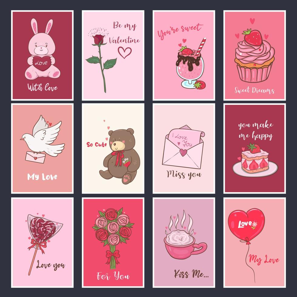 Cute collection for valentine's day. Festive set of cards. Vector graphics.