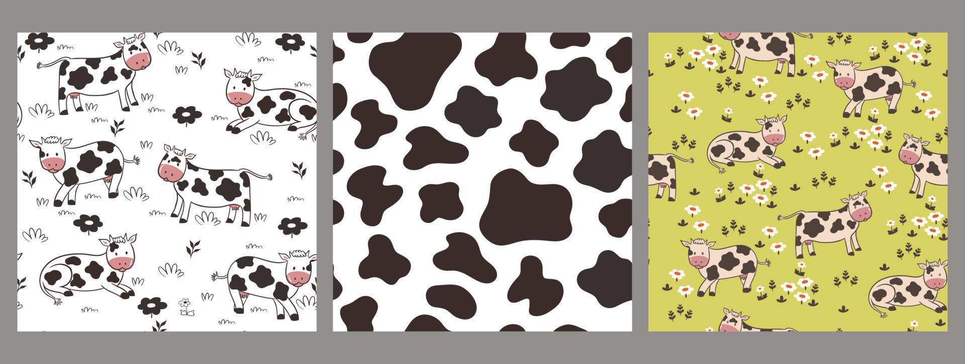 Set of seamless patterns with cows. Vector graphics.