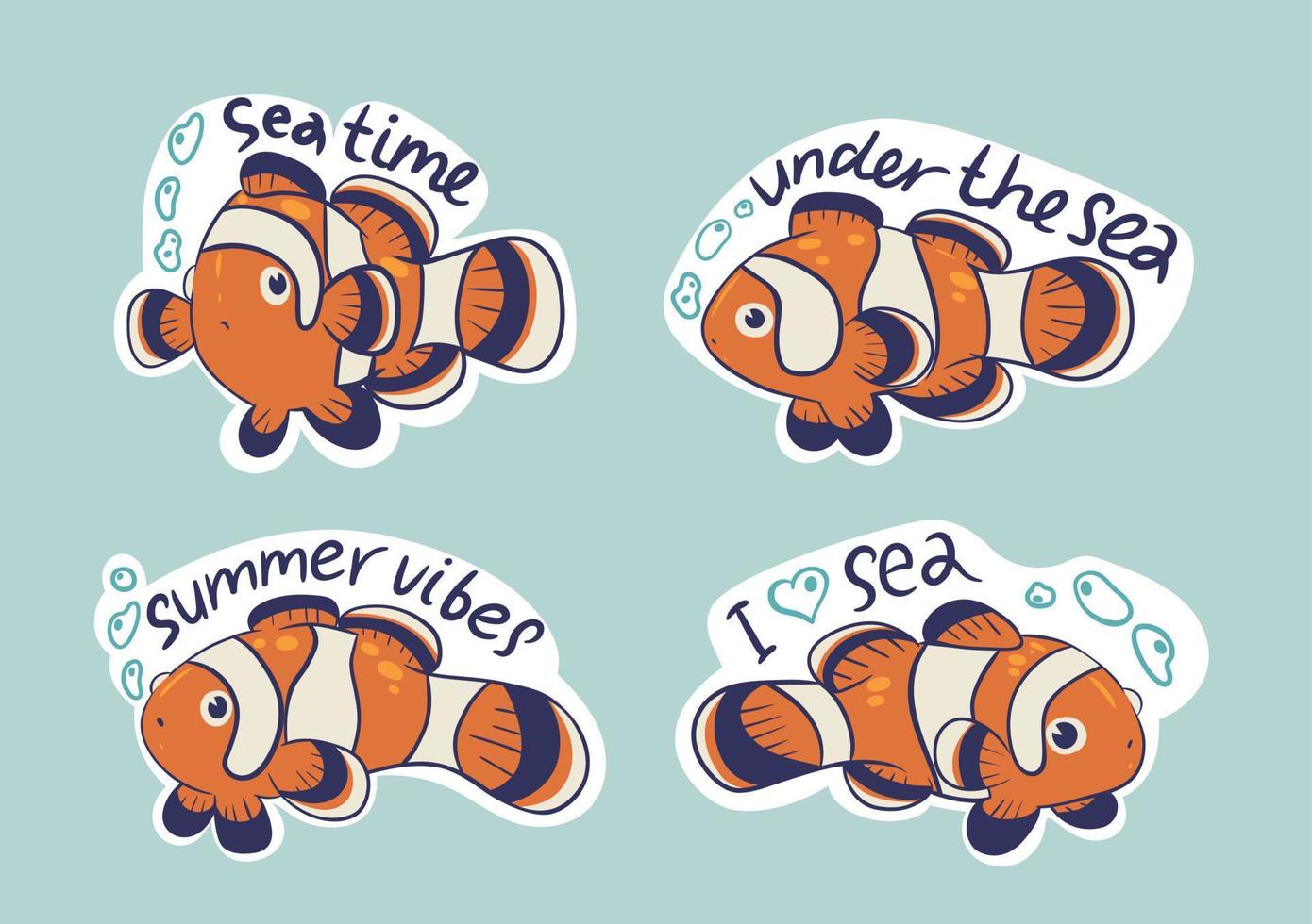 4 stickers with fish clowns and inscriptions. Vector graphics.