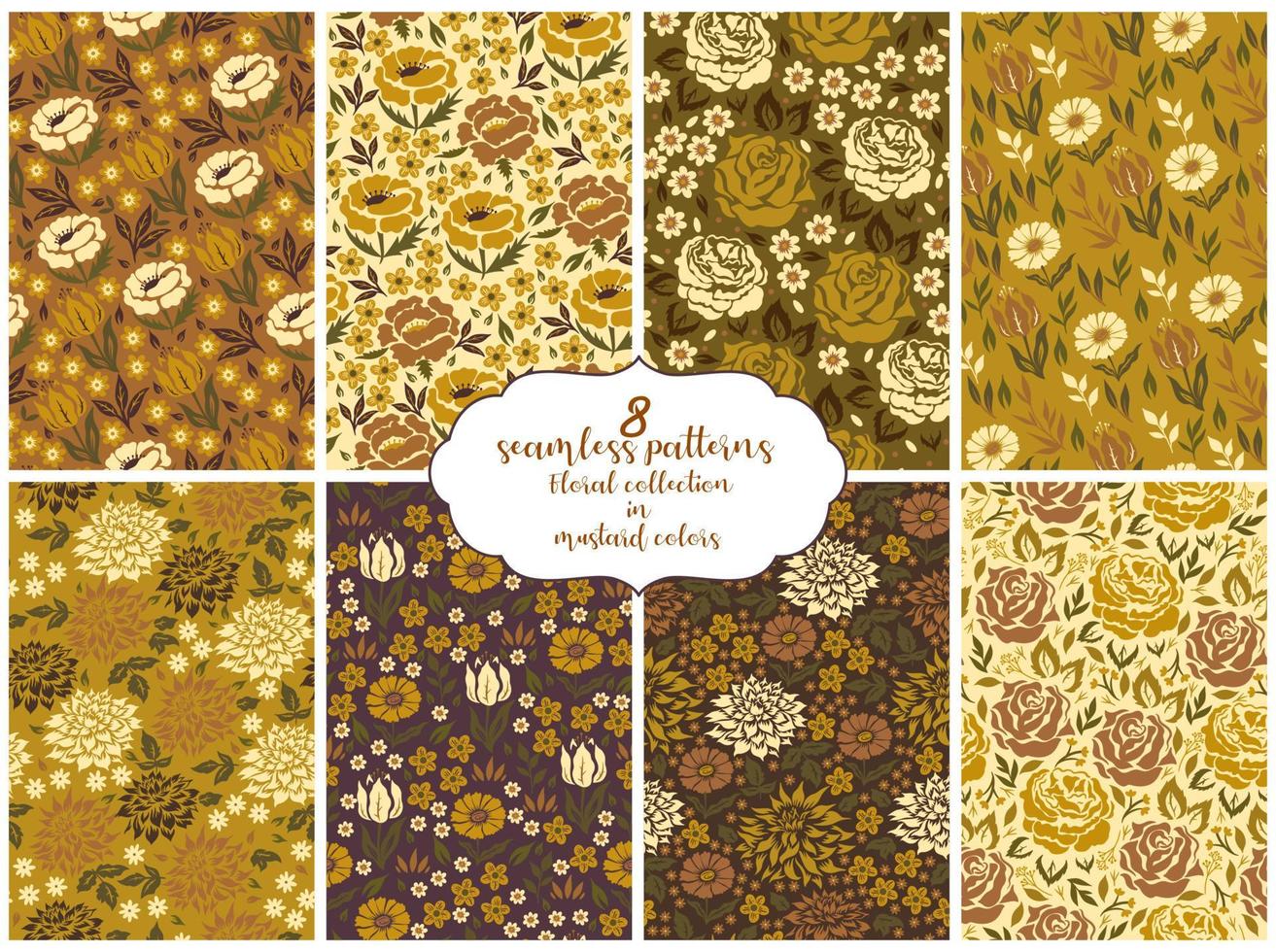 8 seamless patterns Floral collection in mustard colors. Vector graphics.