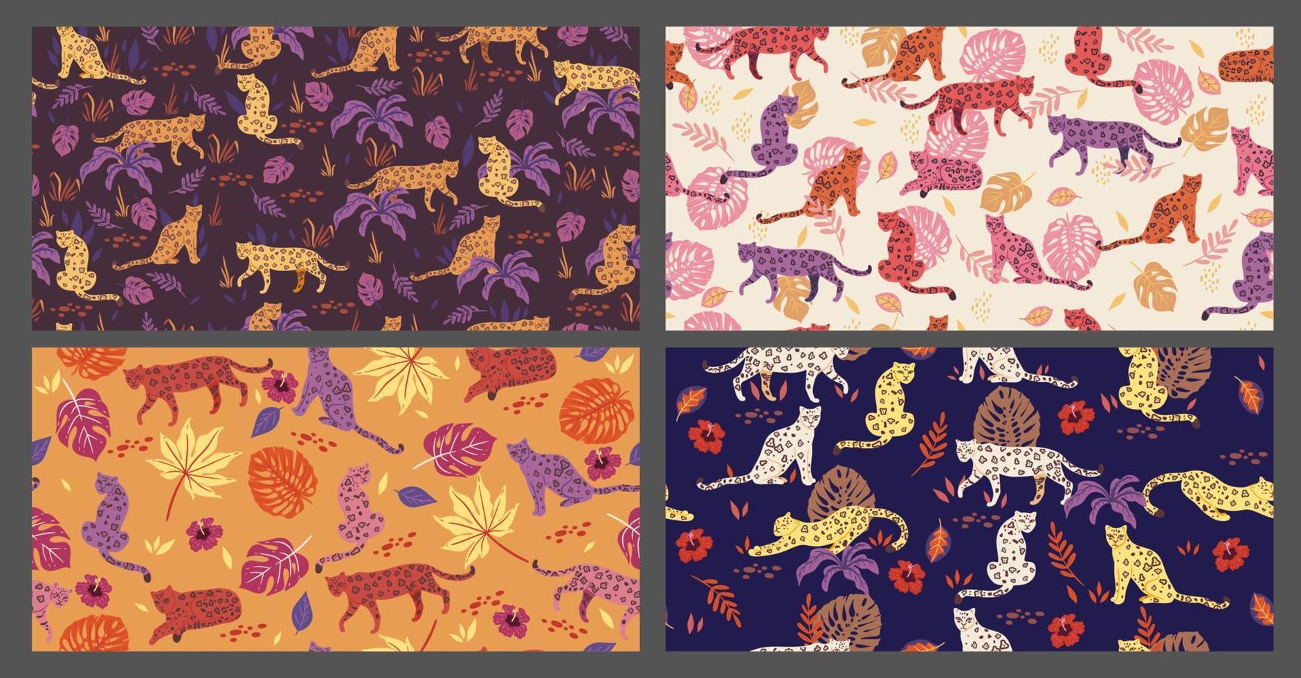 Collection of seamless patterns with leopards. Vector graphics.