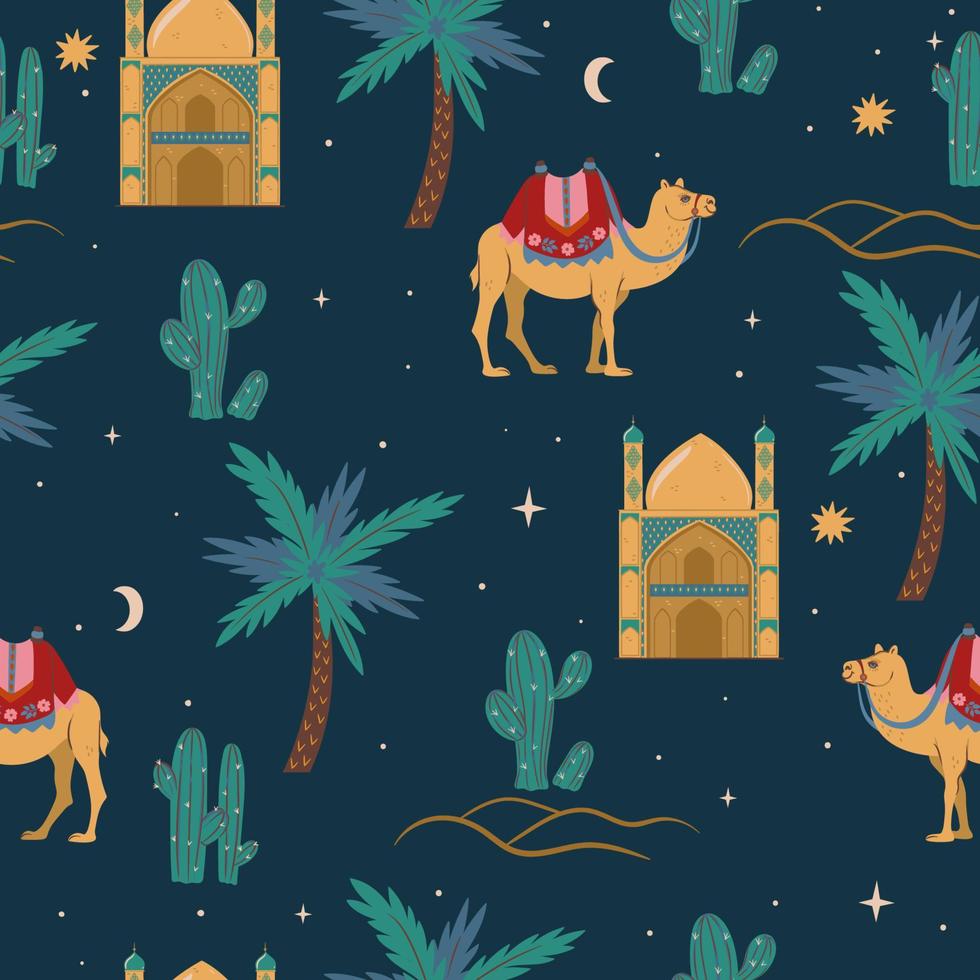 Seamless night desert pattern with camels. Vector graphics.