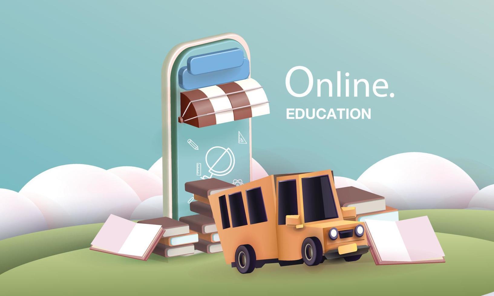 back to school colorful  school bus yellow and book elearning vector