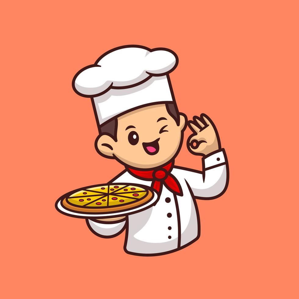 Cute Chef With Pizza Cartoon Vector Icon Illustration. People  Food Icon Concept Isolated Premium Vector. Flat Cartoon  Style