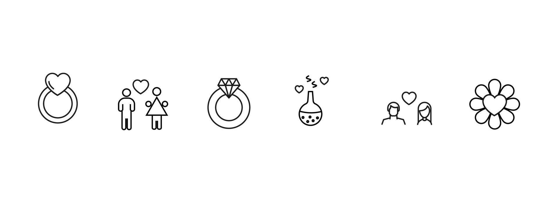 Heart, love and romance line icon collection. Suitable for advertisement, articles, sites. Icons of wedding ring, couple, flower, laboratory bulb next to heart vector