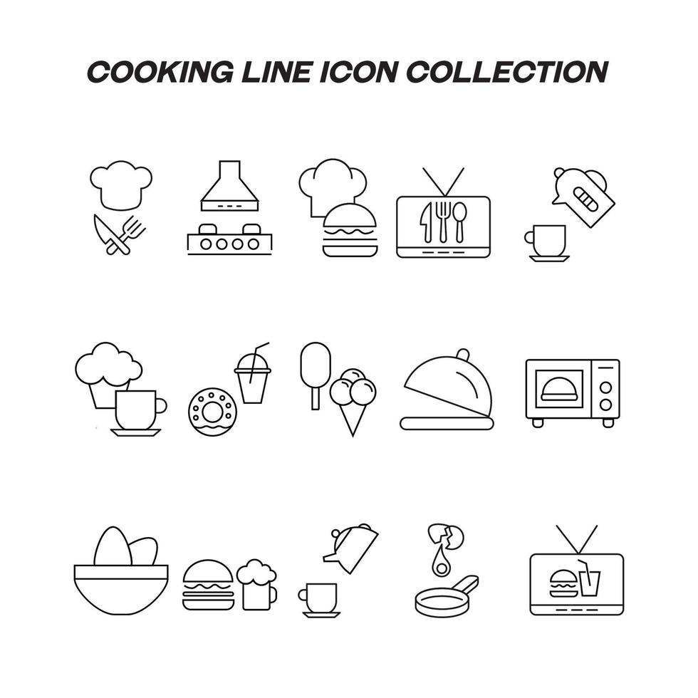 concepto de cocina, comida y cocina. colección de iconos monocromáticos de contorno moderno en estilo plano. conjunto de iconos de línea de varios elementos relacionados con la cocina, la cocina, el hogar, etc. vector
