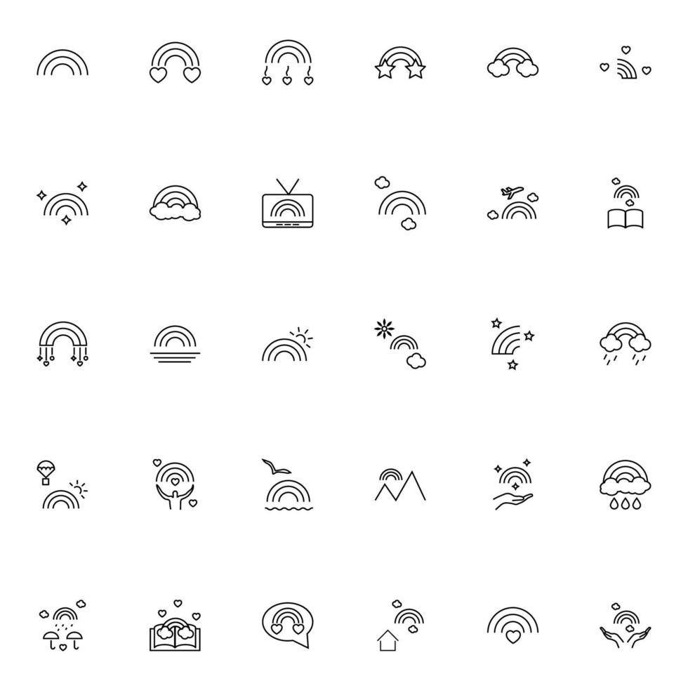 Vector sign in modern flat style. Suitable for web pages, internet shops, stores, advertisements, signboards. Line icon set with icons of heart, seagull, star, cloud, rain, person, umbrella by rainbow