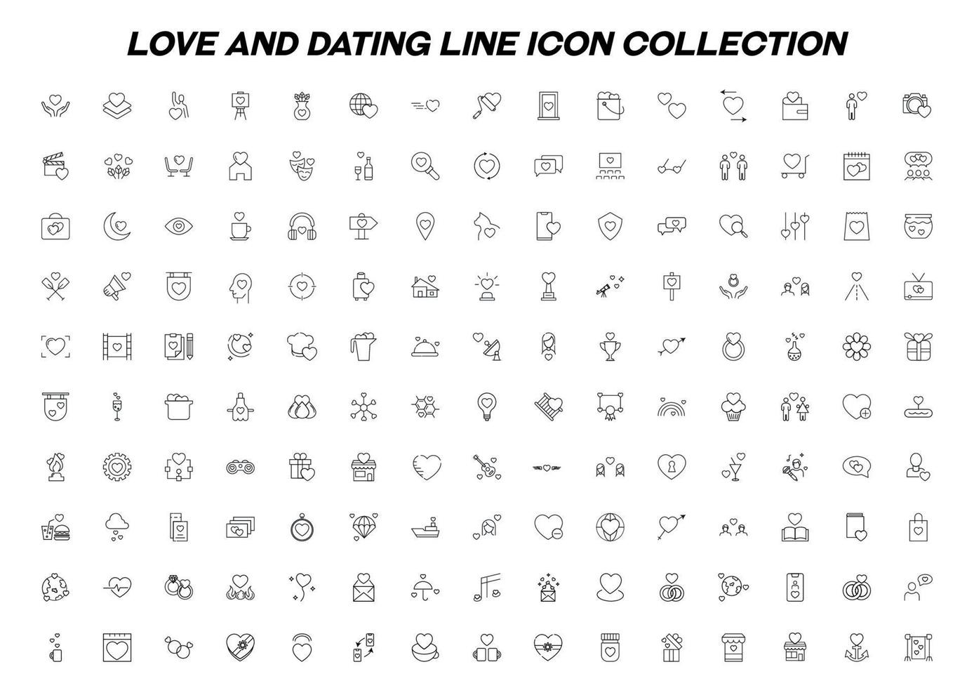 Romance, love and dating concept. Line icon set of 150 icons related to heart near various items. Vector sign in flat style. Suitable for advertisement, web sites, stores, etc. Editable stroke