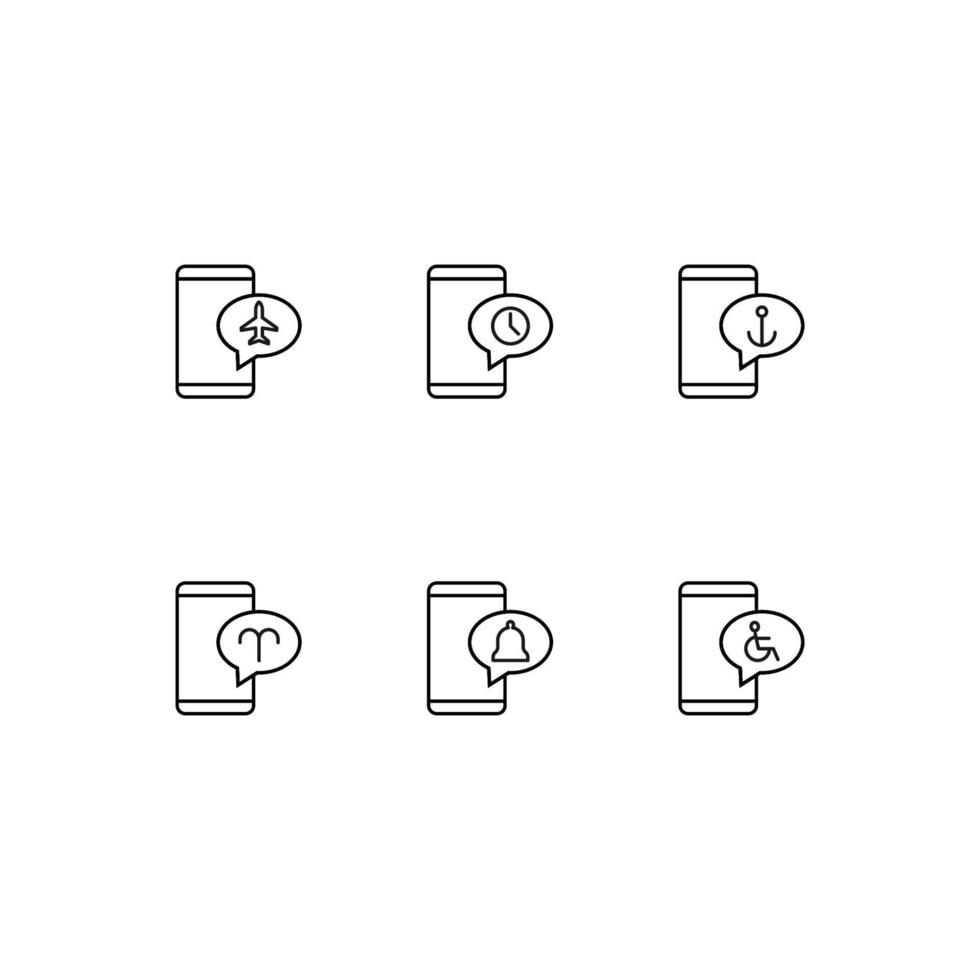 Outline symbol in modern flat style suitable for advertisement, books, stores. Line icon set with icons of plane, clock, anchor, bell inside of bubble on phone vector
