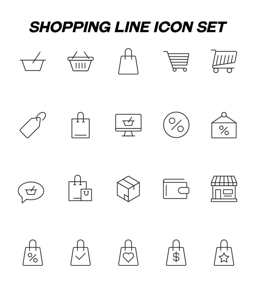 Shopping, sell and purchase concept. Vector signs in flat style. Line icon set with symbols of shopping cart, bag, price, percent, signboard, wallet, store, delivery, shop