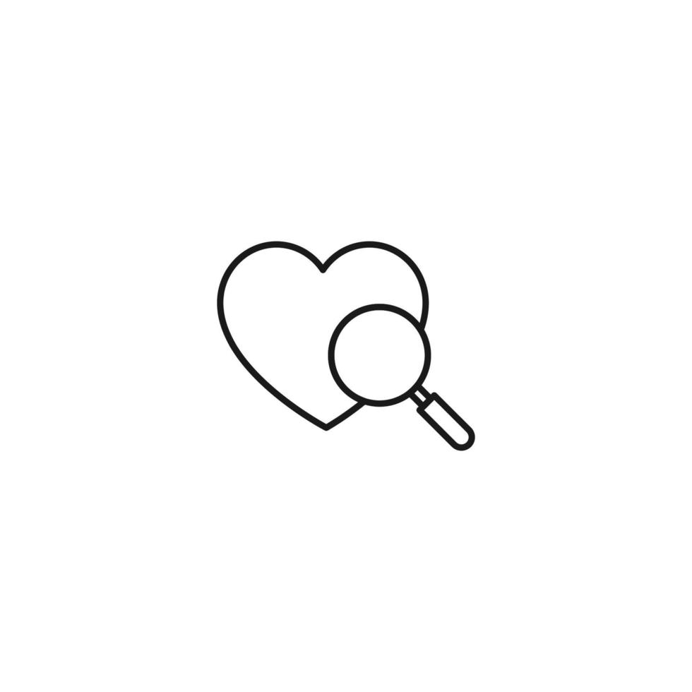 Outline sign related to heart and romance. Editable stroke. Modern sign in flat style. Suitable for advertisements, articles, books etc. Line icon of magnifying glass next to heart vector