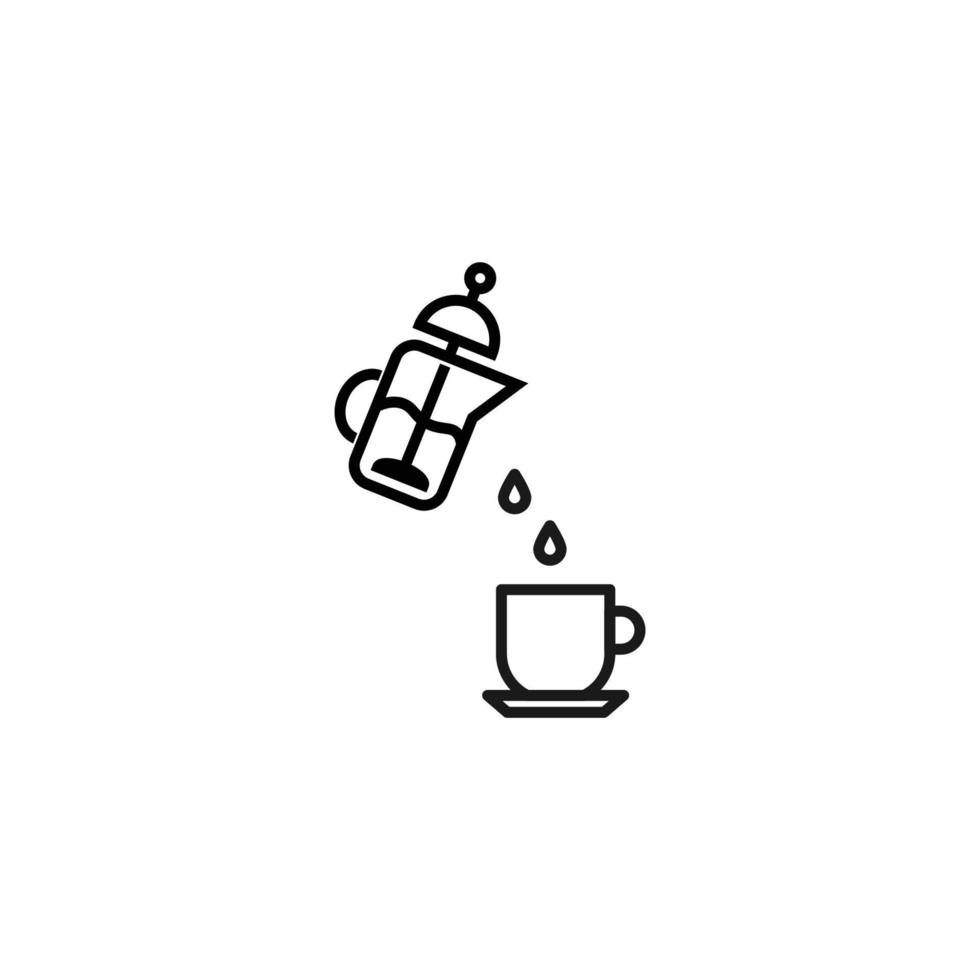 Cooking, food and kitchen concept. Collection of modern outline monochrome icons in flat style. Line icon of French press with tea pouring into big cup with handle vector