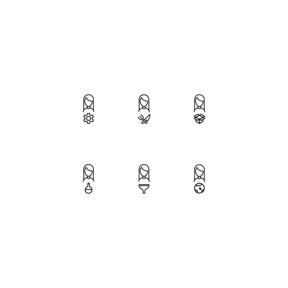 Line icon set with monochrome signs suitable for adverts, shops, stores, apps. Gear, fork, knife, open box, lab bulb, funnel, planet by faceless woman vector