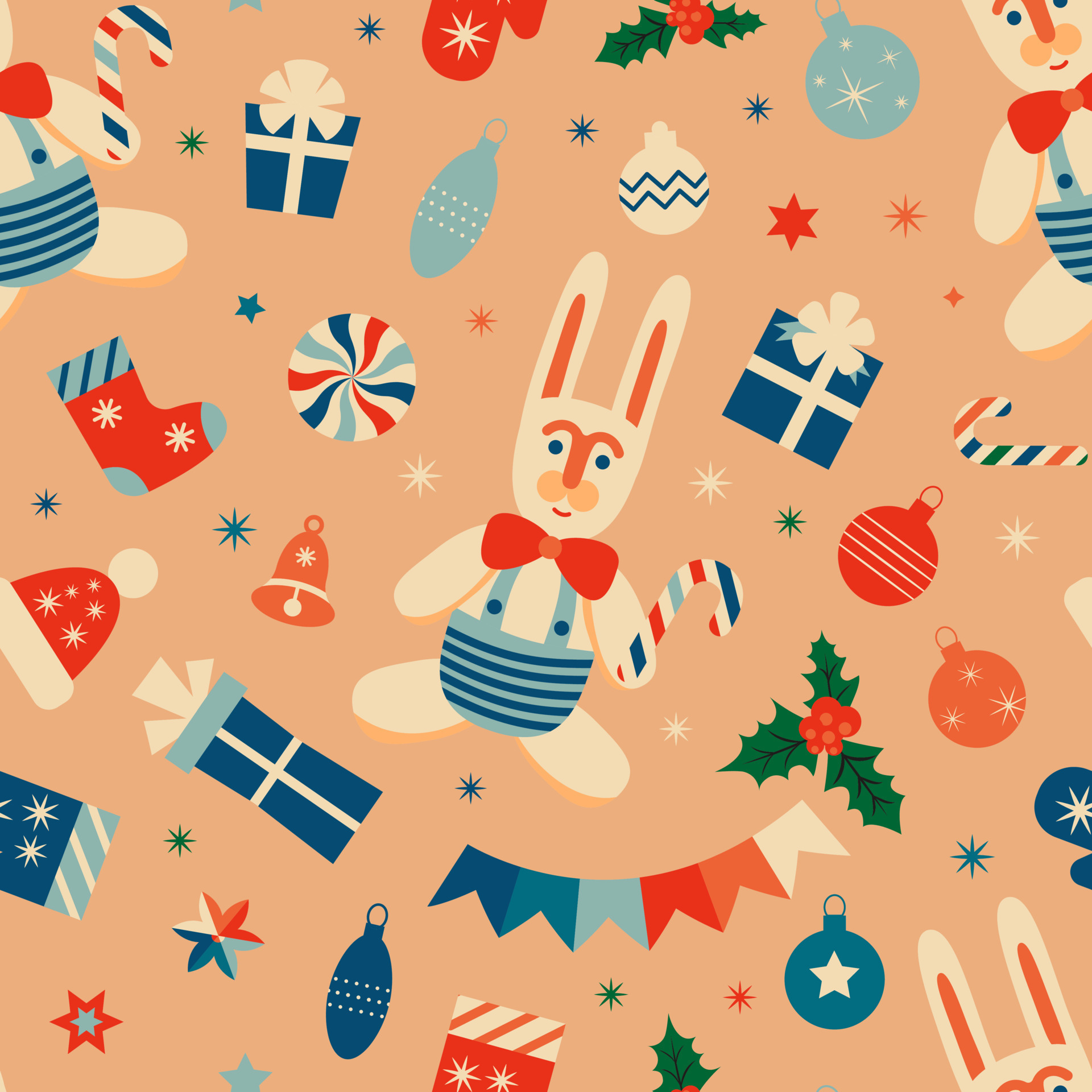 Retro vintage Christmas pattern with Rabbits and Christmas decorations