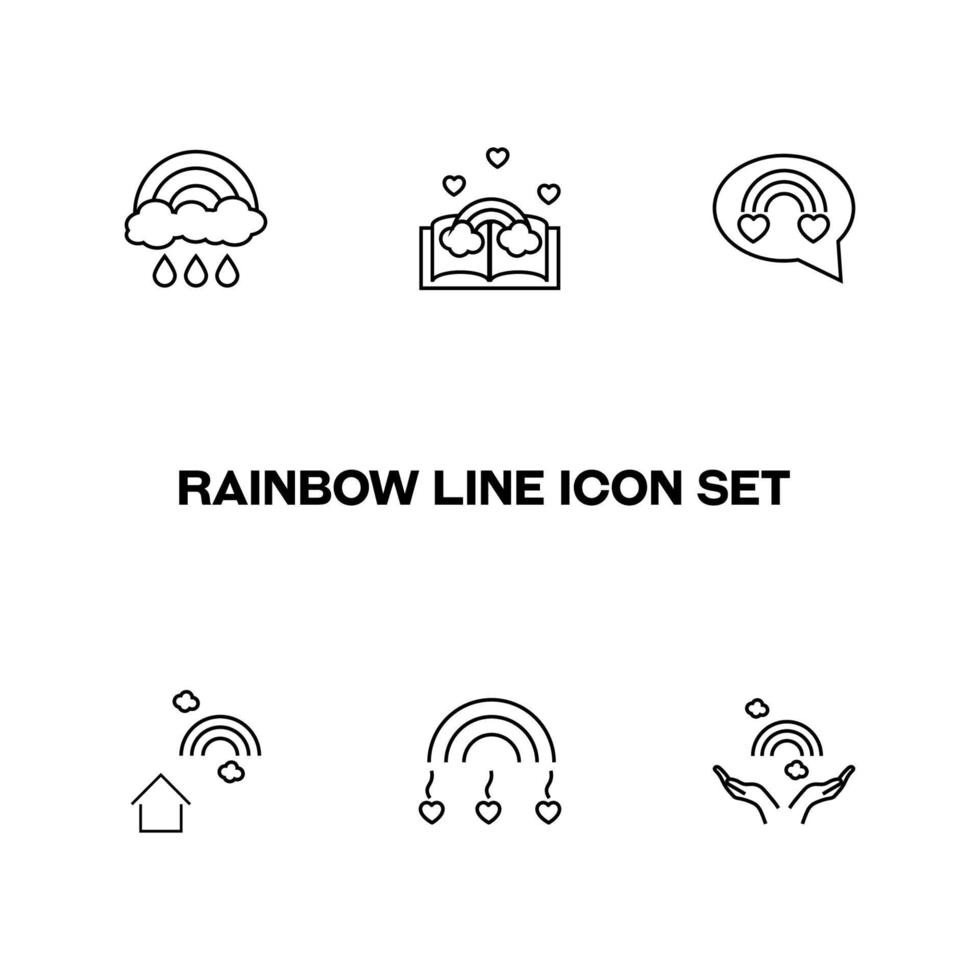 Vector sign in modern flat style. Suitable for web pages, internet shops, stores, advertisements, signboards. Line icon set with icons of rain, book, speech bubble, heart, open hands next to rainbow
