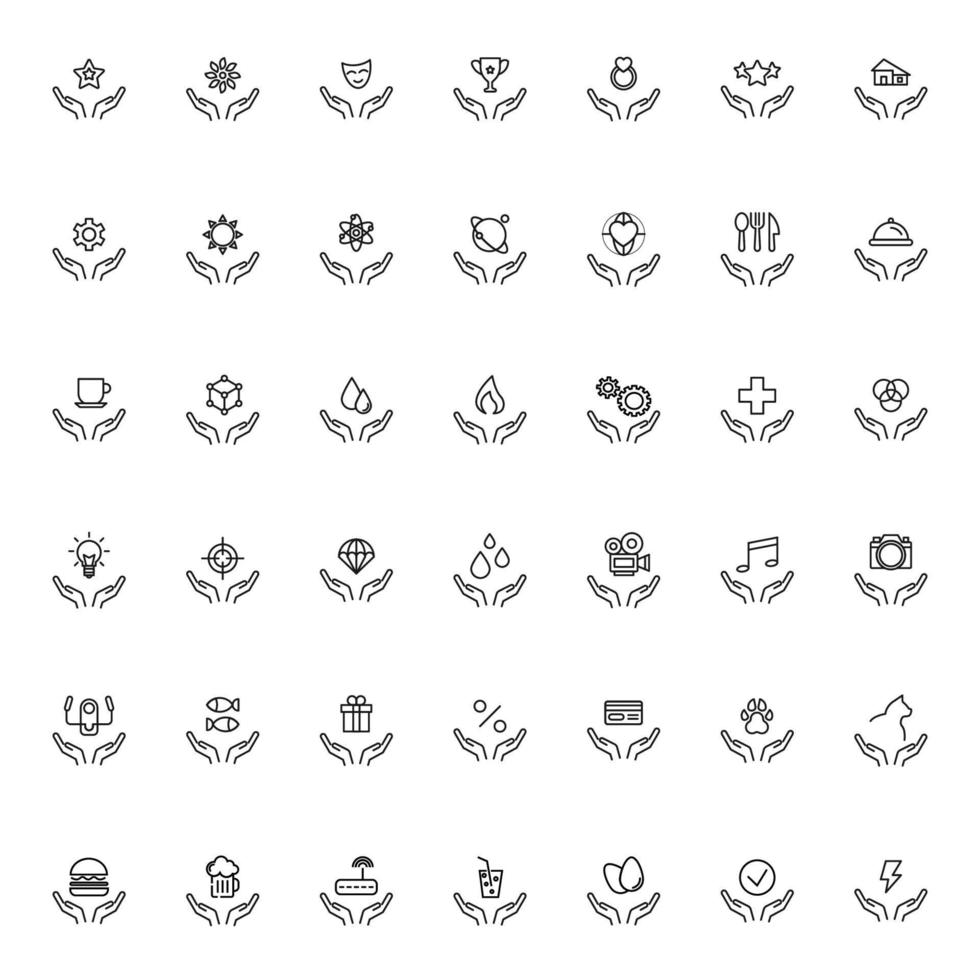 Charity and philanthropy concept. Modern vector outline symbols drawn with thin line. Line icon collection. Icons of various items above opened hands as symbol of present