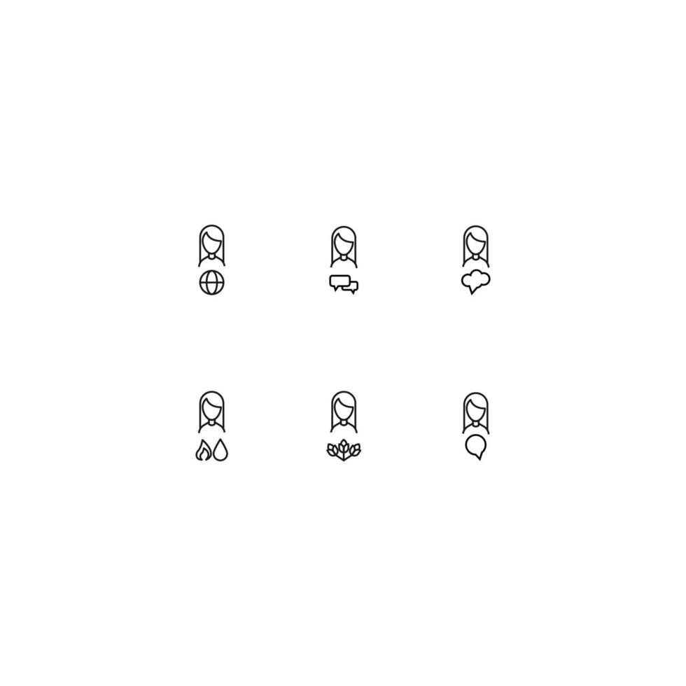 Line icon set with monochrome signs suitable for adverts, shops, stores, apps. Globe, speech bubble, flame, drop, flowers by woman vector