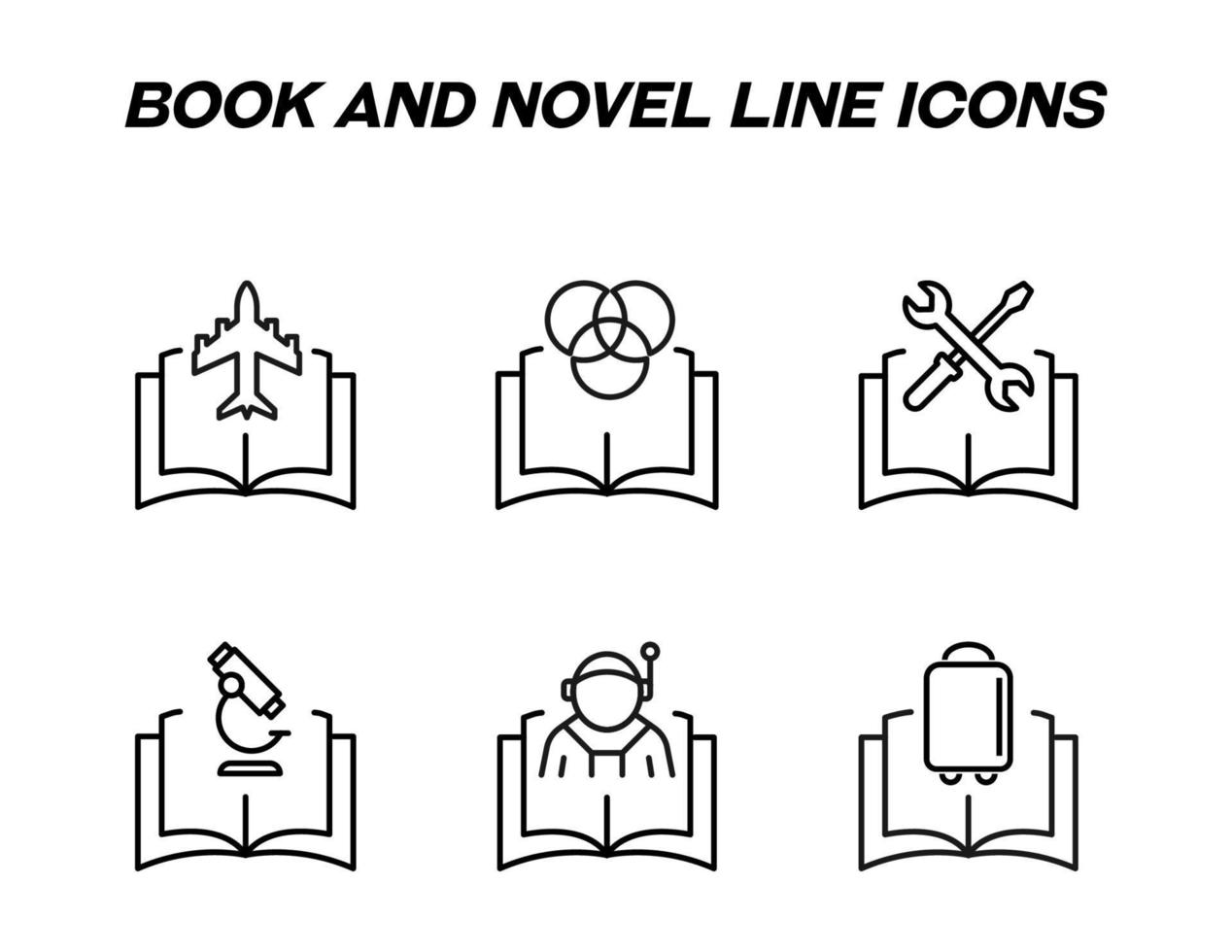 Book, reading, education and novel concept. Vector signs in flat style. Set of line icons of airplane, intersected circles, wrench, screwdriver, microscope, astronaut, luggage over books