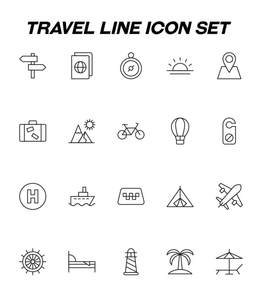 viajes, turismo, vacaciones, signo de vacaciones. conjunto de iconos de línea con signos vectoriales de puntero de dirección, brújula, sol, señal geográfica, billete, maleta, equipaje, bicicleta, globo, etc. vector