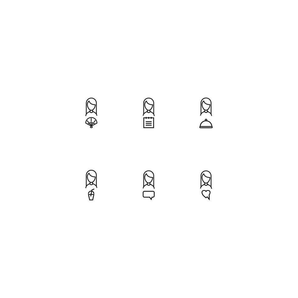 Line icon set with monochrome signs suitable for adverts, shops, stores, apps. Japanese fan, calendar, bowl with cloche, soda, speech bubble by faceless woman vector