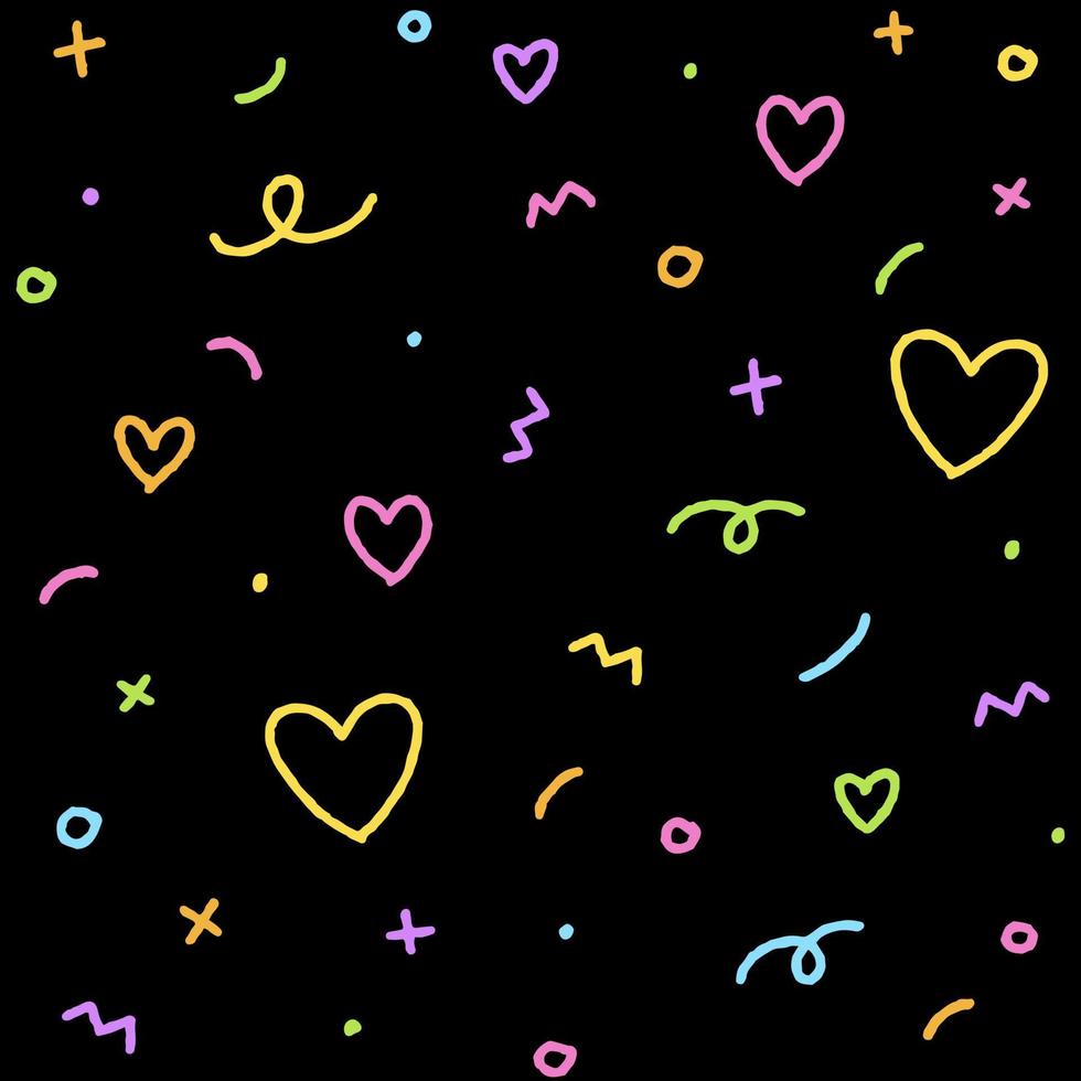 Cute Abstract Confetti Sprinkle Sparkle Shine Shape Form Small Polkadot dot Line Outline Mini Heart Abstract Rainbow Neon Color Colorful Pastel Seamless Pattern Black Background vector