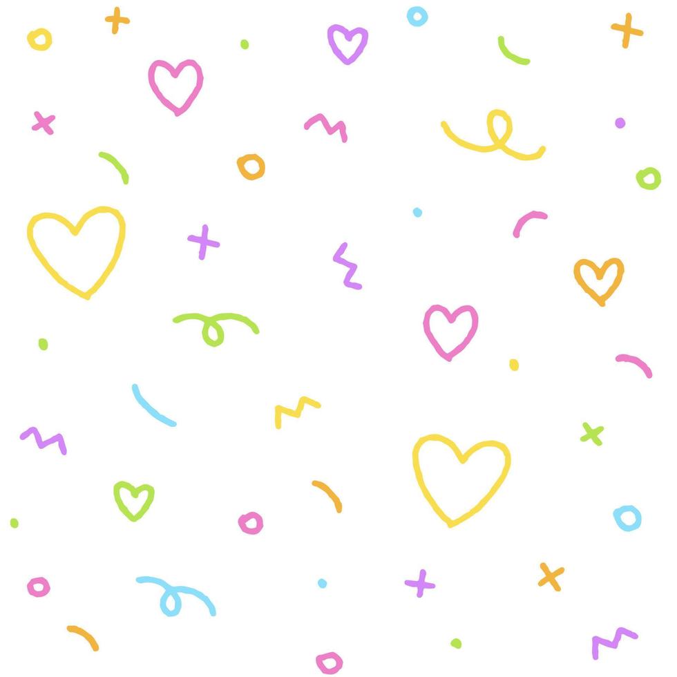 Cute Abstract Confetti Sprinkle Sparkle Shine Shape Form Small Polkadot dot Line Outline Mini Heart Abstract Rainbow Color Colorful Pastel Seamless Pattern White Background vector