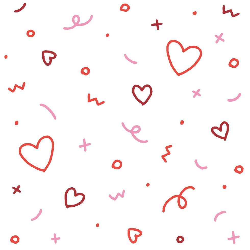 Cute Valentines Day Abstract Confetti Sprinkle Sparkle Shine Shape Form Small Polkadot dot Line Outline Mini Heart Abstract Pink Red Color Colorful Pastel Seamless Pattern White Background vector