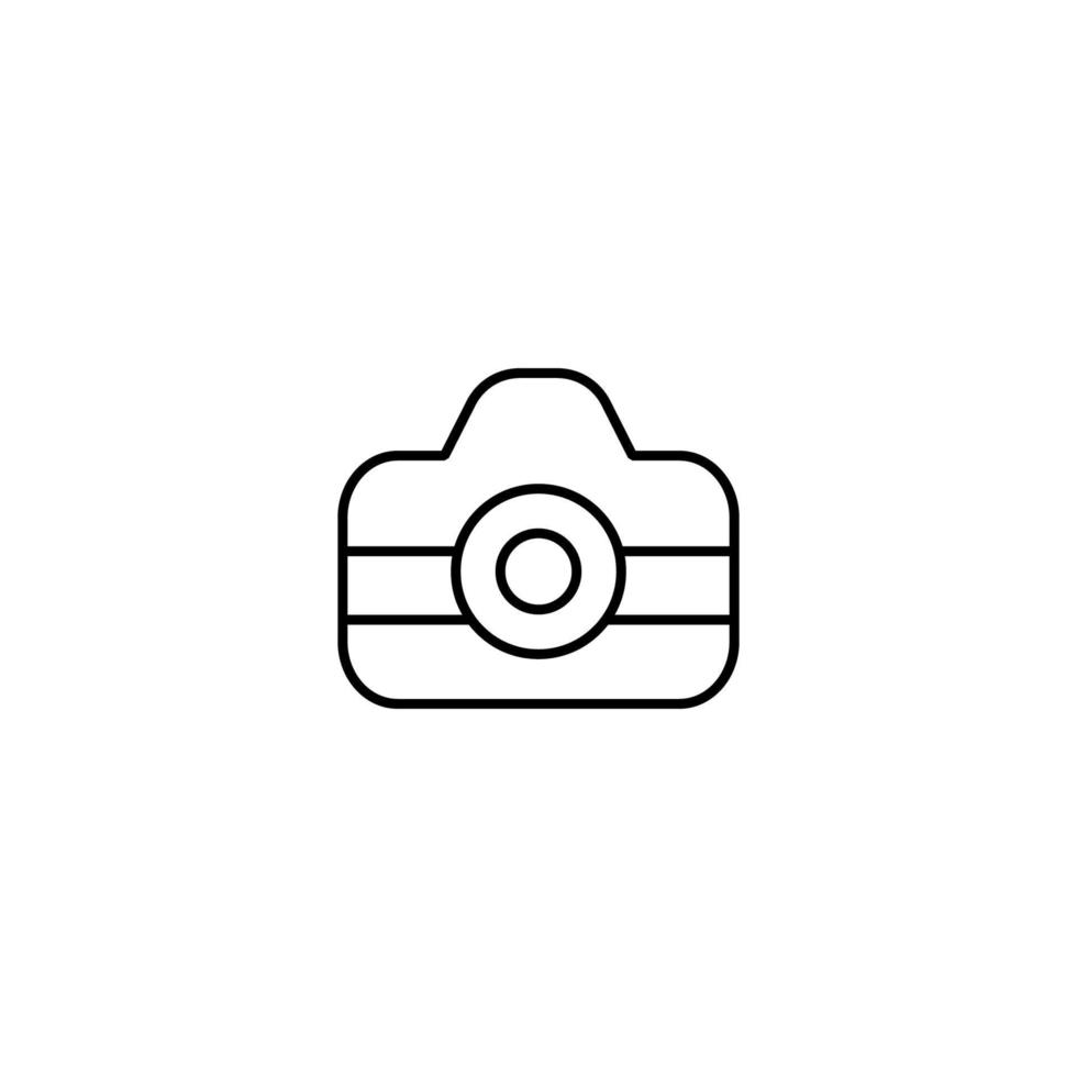 Travel, vacation and summer holiday concept. Vector outline symbol for sites, advertisement, stores etc. Line icon of photo camera