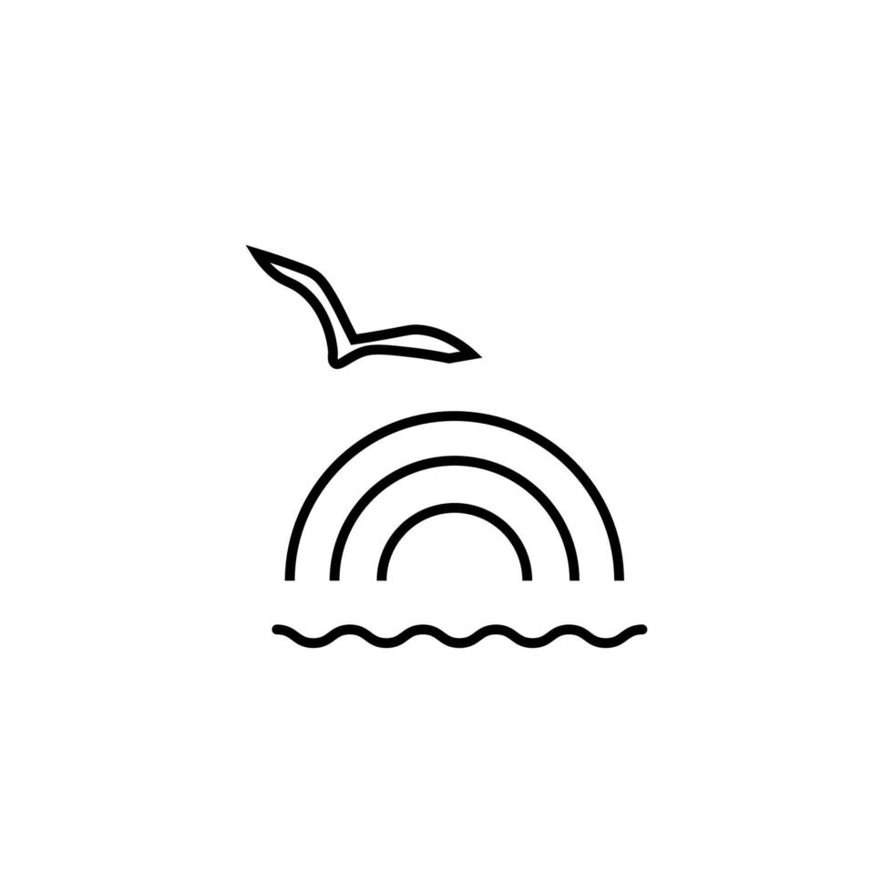 Vector symbol in flat style. Editable stroke. Perfect for internet stores, sites, articles, books etc. Line icon of seagull flying over rainbow in sea or ocean