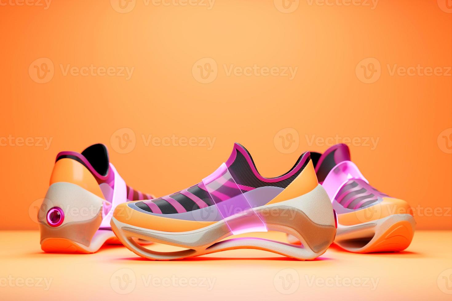 Set of the bright sports unisex sneakers in  pink and oranges  canvas with high  soles. 3d illustration photo