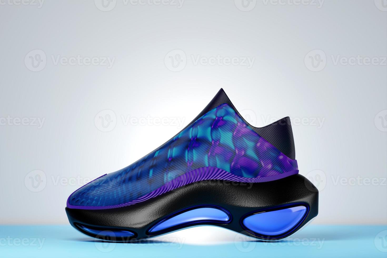 3d illustration of sneakers with bright gradient holographic print. Stylish concept of stylish and trendy sneakers photo