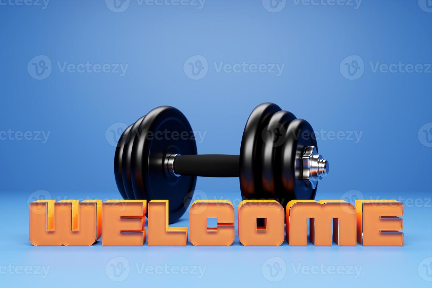 The inscription welcome on the background of a black metallic dumbbell on a blue  background. sports invitation photo