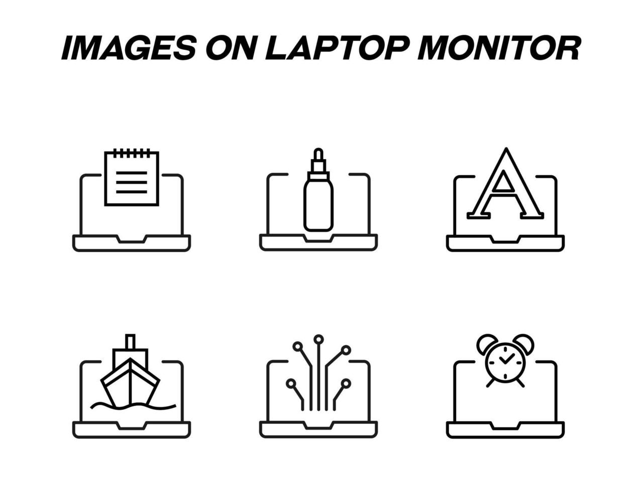 Items on laptop monitor pack. Modern vector monochrome signs. Line icon set with icons of calendar, cosmetic bottle, a letter, ship, algorithm, alarm clock on laptop monitor