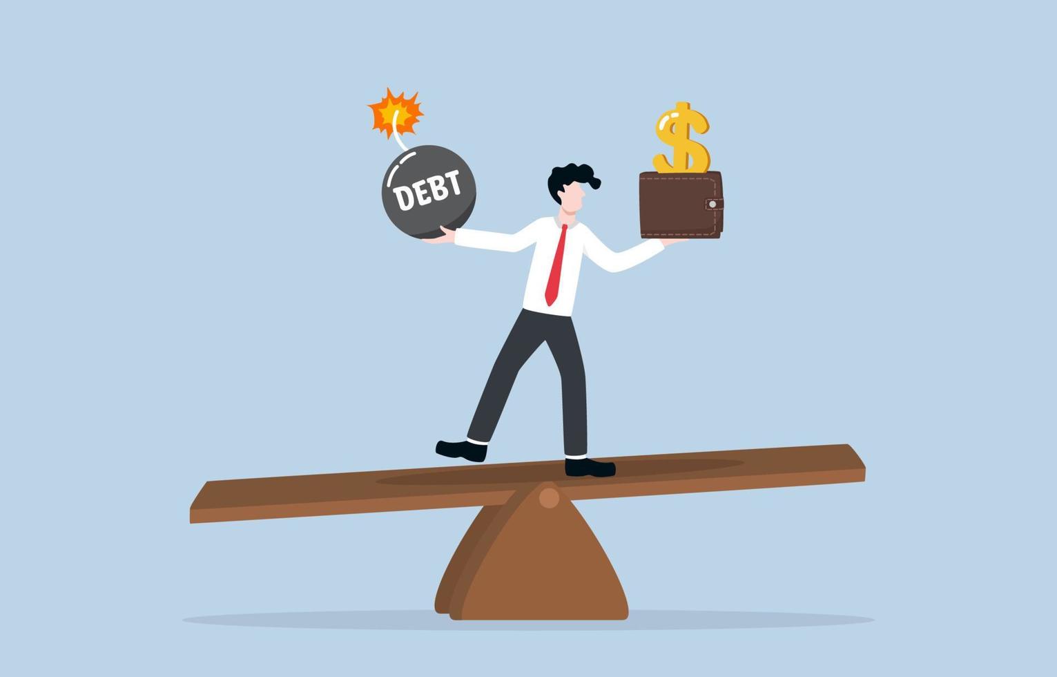 Balancing between debt payoff and income salary, personal financial management, smart calculation for wealthy life concept. Businessman balancing himself on seesaw with debt bomb and money wallet. vector