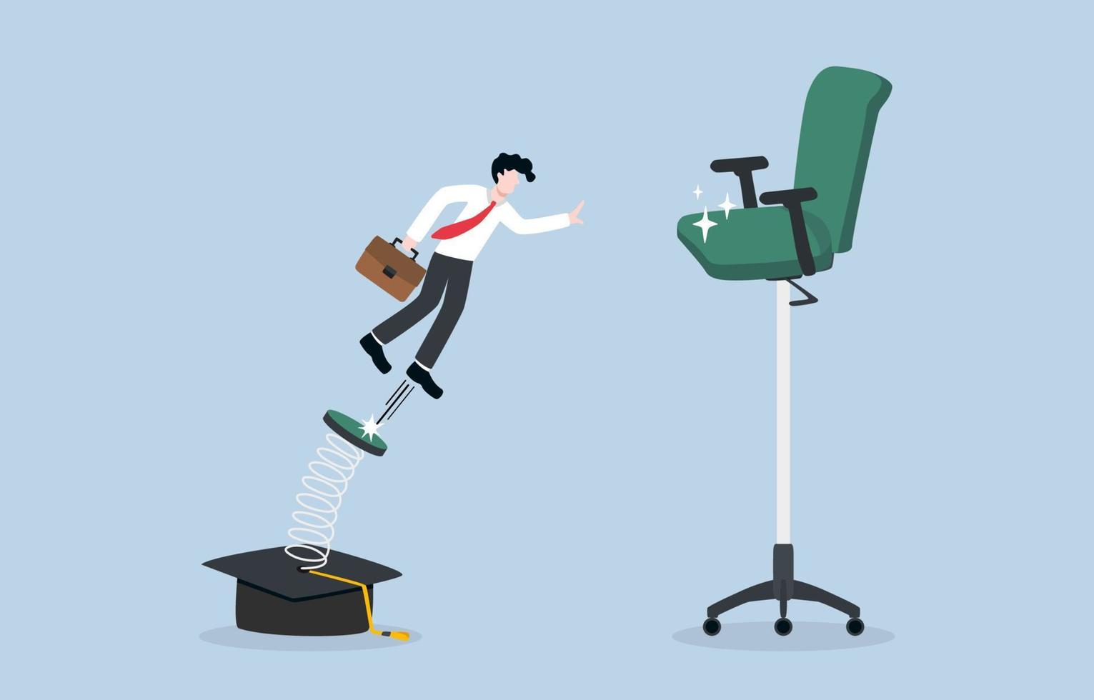 Job promotion require educational level, positive impact of education on career development concept. Businessman jumping springboard  attached to graduation cap up to higher office chair. vector