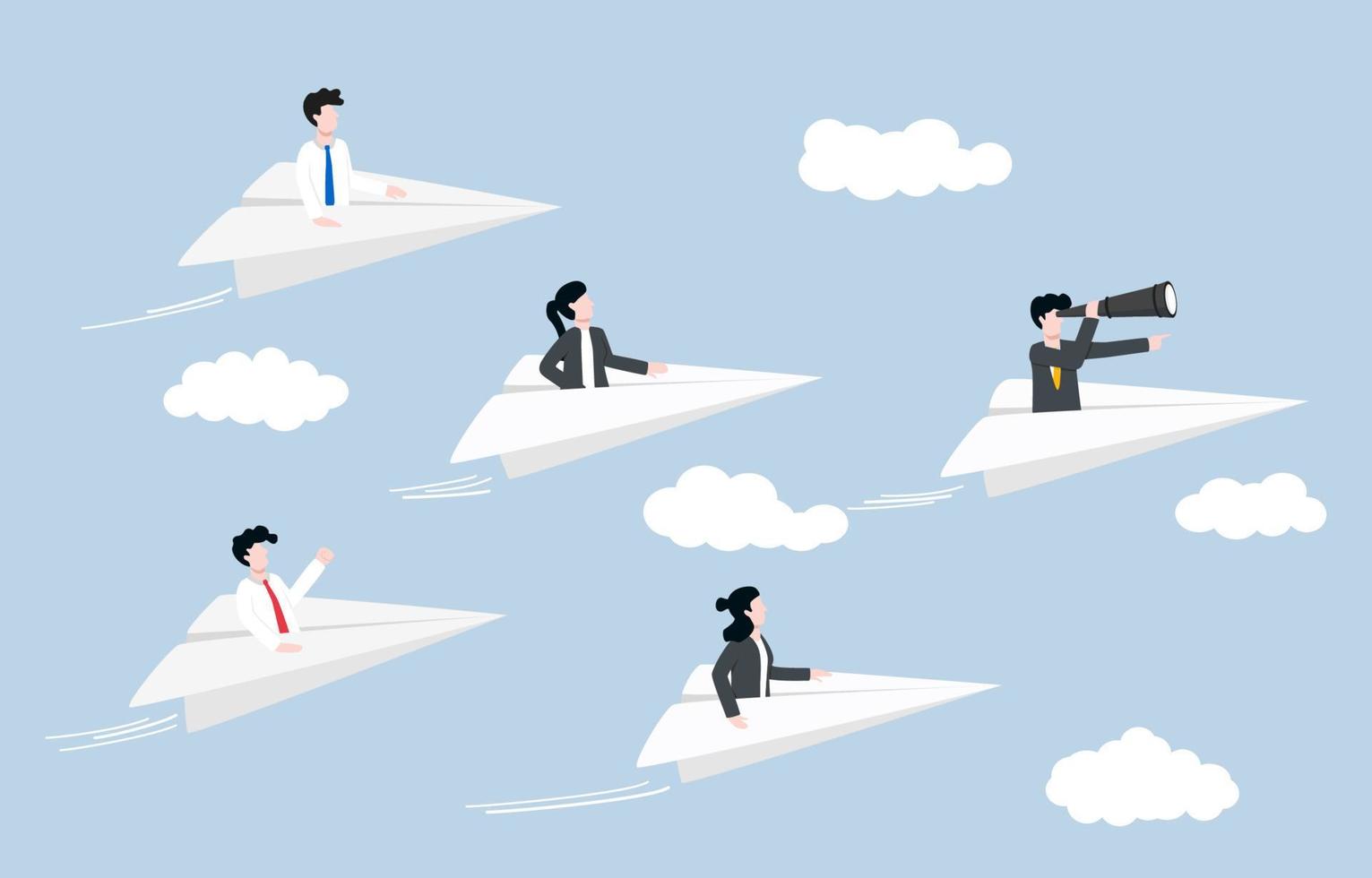 Business leadership, power to lead employees to achieve target, vision to see opportunity for team concept. Businessman boss flying paper plane leading teammate planes to right direction. vector